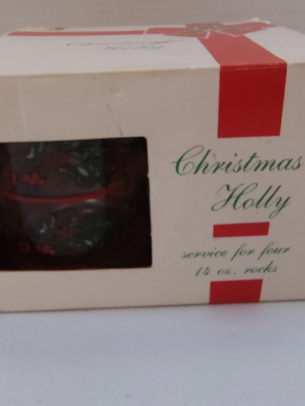 Vtg Indiana Glass Christmas Holly Service for 4 14 oz Rocks Holiday Glasses Box